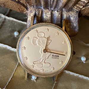 ELGIN Mickey Mouse Gold Tone Character Watch Walt Disney Productions
